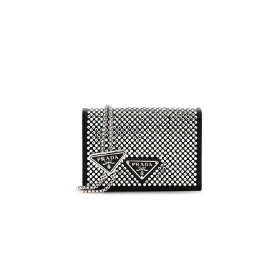 PRADA SATIN CRYSTAL METAL TRIANGLE LOGO CARD HOLDER WITH STRAP CRISTAL 1MR024 (11.5*8cm)